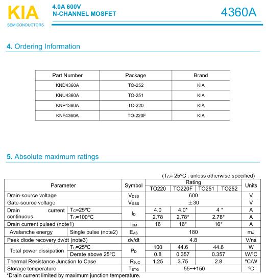 4360A,KNX4360A,4.0A/600V,MOS管