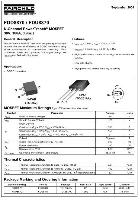 FDD8870替代,160A/30V,FDD8870參數(shù)