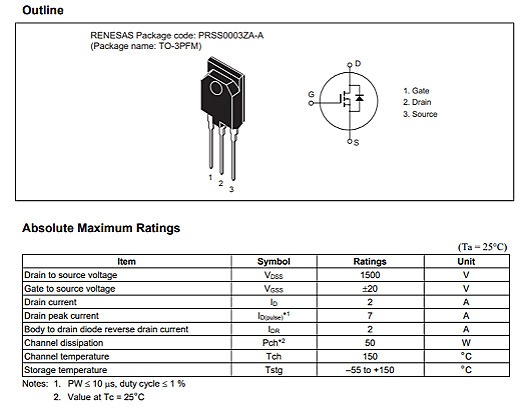 MOS管瑞薩2SK2225參數(shù)|MOSFET1500V2A高速功率轉換-KIA MOS管