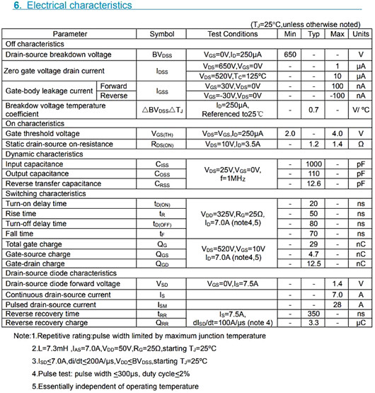 650V7A MOS管資料 KIA7N65H參數(shù)