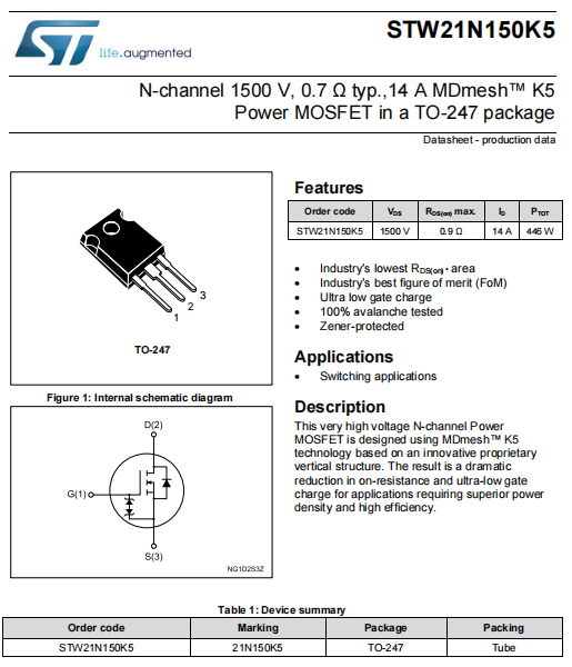 STW21N150 1500V MOSFET